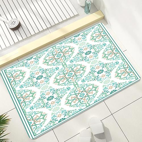 Intricate Floral Bathmat Non Slip Absorbent, Mandala Vintage Boho Large