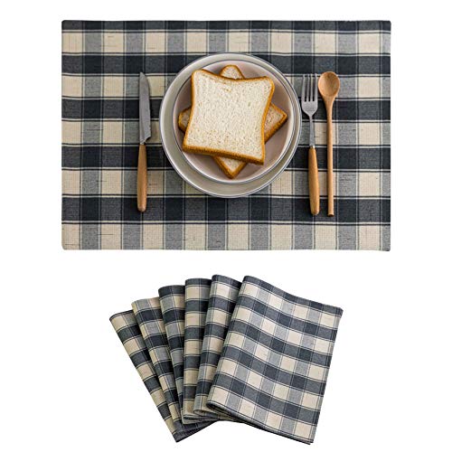 HOME BRILLIANT Checkered Placemats Set of 6 Farmhouse Style Heat Resistant Dining Table Place Mats for Kitchen Table 13 x 19 inches Checker Grey and Beige