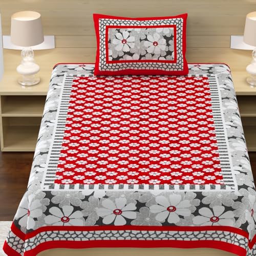 Image of RajasthaniKart Pure 100% Cotton Single Bed Sheet with 1 Pillow Cover (Bedsheet for Single Bed Cotton, Red Floral)