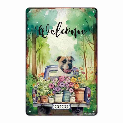 GABSHAIM Custom American Bulldog Flowers Welcome Metal Sign Funny Dog Drive a Truck In The Forest Green Tin Sign Vintage Outdoor Wall Home Decoration 12X8 Inch Style 3