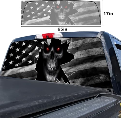 Image of Skull American Flag Rear Window Decal for Truck,Black Flag Skull Truck Rear Window Decal,American Flag Decals for Truck Car SUV (Skull,65x17in)