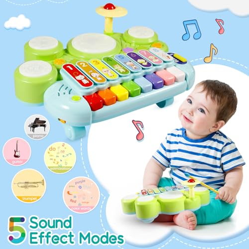 Ohuhu Y26-80300-05 Kids Drum Set For Toddlers: Ohuhu 5 In 1 Baby Musical Instruments Musical Toys Children Drum Kit Xylophone Microphone Piano Early Educational Learning Toy thumb #2