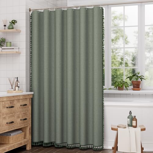 Image of AmazerBath Farmhouse Shower Curtain, Sage Green Linen Shower Curtain with 3 Side Green Tassel, Boho Shower Curtain Set with 12 Upgraded Hooks for Neutral Country Bathroom, 72x72 Inches