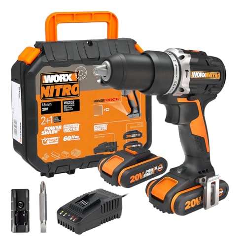 Furadeira de Impacto e Parafusadeira Brushless 20V WX352 Worx – Torque 60Nm, 2 Velocidades, Mandril 13mm, 32.000 IPM, 2 Baterias 2.0Ah, Carregador Bivolt, LED, Maleta e Clip