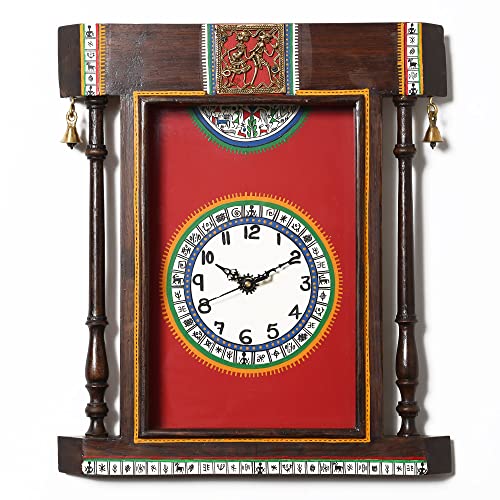 Image of AAKRITI ART CREATIONS Wall Clock Handcrafted Warli Art Red Dial with Glass Frame Brown, Red | Clock for Home, Home Decoration | Wooden wall Decor | Matte Finish