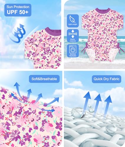 Image of BesserBay Baby Girl Swimsuit UPF 50+ Long Sleeve Zipper Snaps Bottom One Piece Rash Guard 0-36 Months