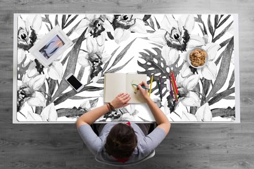 Tapis de souris 120x60 cm en vinyle PVC imperméable au motif feuilles et fleurs