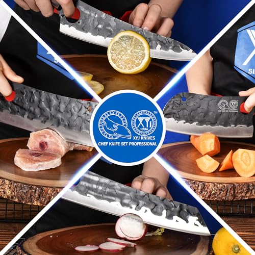 XYJ Professional Kitchen Knife Set with High-Carbon Steel Forged Blades, Chef's Knife, Cleaver, Carving Knife, Nakiri, Full Tang Design, Includes Carrying Bag & Poultry Scissors - Image 5