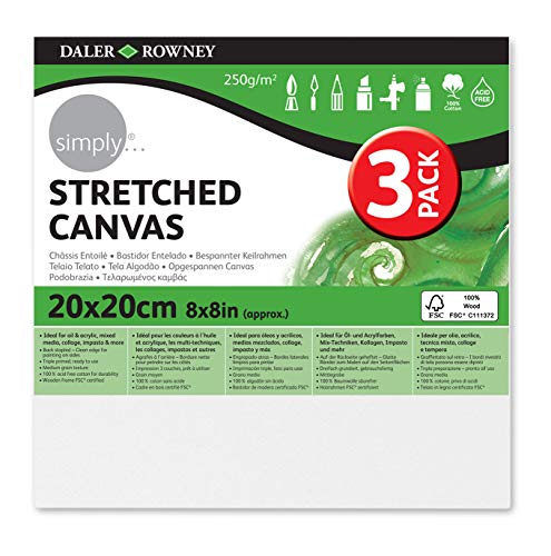 Image of Daler-Rowney Simply Stretched Canvas, Medium Grain, 250 gsm, 16mm Deep, 8 x 8in - approx. 20 x 20 cm, White, 3 Pack