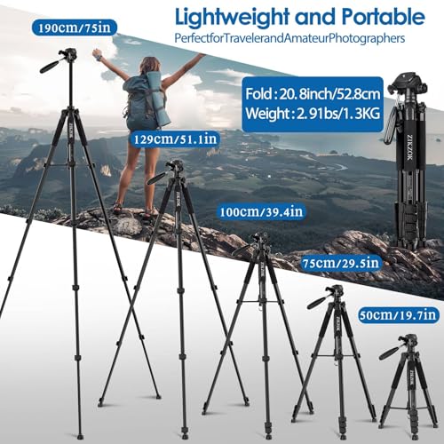 75" Camera Tripod, Aluminum Heavy Duty Camera Stand for ipad Phone, Travel Tripod with/Carry Bag/Phone Tablet Holder, Compatible with Canon Nikon Sony DSLR, Spotting Scopes, Max Load 15 Lb(Black)