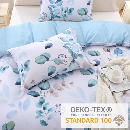 MUXHOMO Duvet Cover Queen Size, Reversible Floral Blue Duvet Cover Set with Zipper Closure, 3 Pieces Botanical Patterns Soft Microfiber Bedding Set with 4 Ties (90"x90", 2 Pillow Cases)