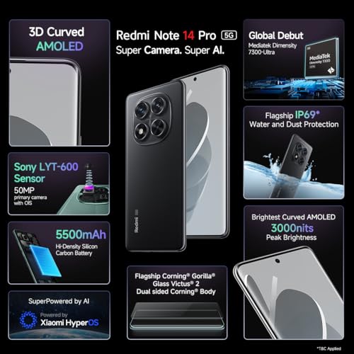 Image of Redmi Note 14 Pro 5G Titan Black 8GB RAM 128GB Storage|50 MP Sony Camera Setup|Corning Gorilla Glass Victus 2 | 1.5K 3D Curved AMOLED | Mediatek Dimensity 7300- Ultra