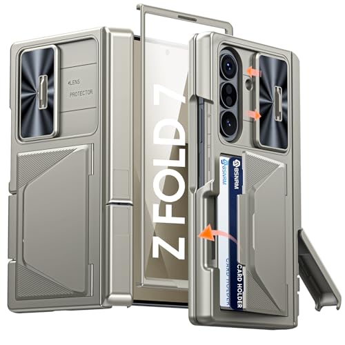 Image of for Samsung Galaxy Z Fold 7 Case with Card Holder RFID Blocking, Built in Slide Lens Cover & Hinge Protection & Kickstand & Screen Protector, Shockproof Wallet Case for Z Fold 7 (Titanium Gold)