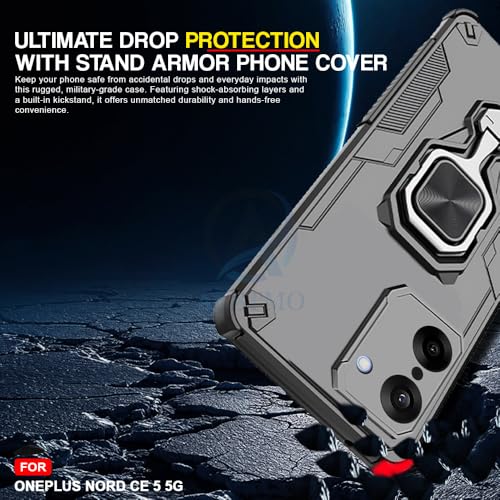 Image of AESTMO Armor Back Cover for OnePlus Nord CE 5 5G | Ring Holder & Kickstand & Camera Protection in-Built | 360 Degree Protection Back Case Cover (Black)