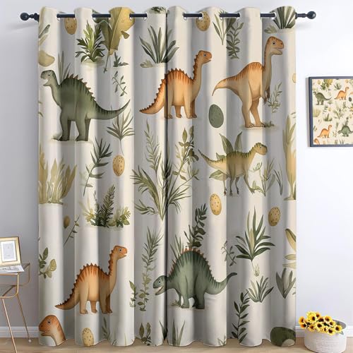 Image of Dinosaur Curtains - Kids Boys Jungle Animals Wildlife Dino Print Pattern Eyelet Blackout Curtain Thermal Insulated Noise Reduction Room Darkening Window Drapes for Bedroom 2 Panels W46 x L54 Inch