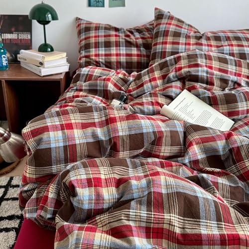 Image of MKXI King Buffalo Plaid Duvet Cover Set 3-Piece, Lightweight Washed Cotton Farmhouse Bedding, Brown Red Blue Plaid Comforter Cover with Zipper Closure