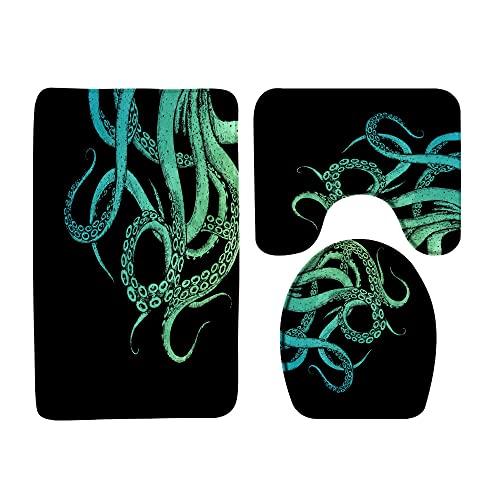 FGYGYK Octopus Tentacles 3 Pcs Bath Rugs Set,Ocean Kraken Green Sea Animal Underwater Marine Life Nautical Modern Bathroom Kitchen Rug with 17.8