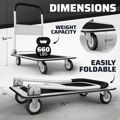 Image of Heavy Duty Foldable Push Cart Dolly | 660 lbs. Capacity | Upgraded Collapsible Hand Truck Folding Platform with Swivel Wheels | Flat Bed Moving Wagon | Space Saving Push Handle (White)