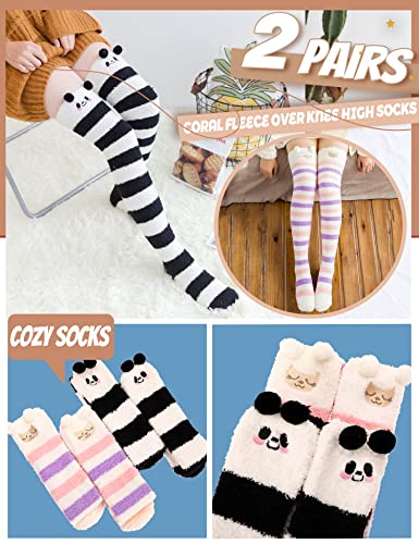 Image of MOGGEI Womens Fun Fuzzy Thigh High Socks, Funny Striped, Over Knee High