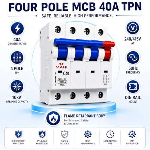 Image of MAHI 40A Four Pole MCB C Curve, Miniature Circuit Breaker with Overload & Short Circuit Protection, 40A Breaking Capacity, Durable Polycarbonate Body for Home & Industrial Use