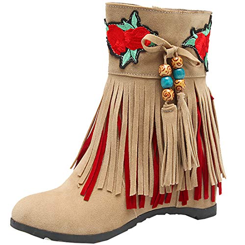 MAVMAX Women's Fringe Tassel Booties Wedge High Heels Retro Ankle Boots