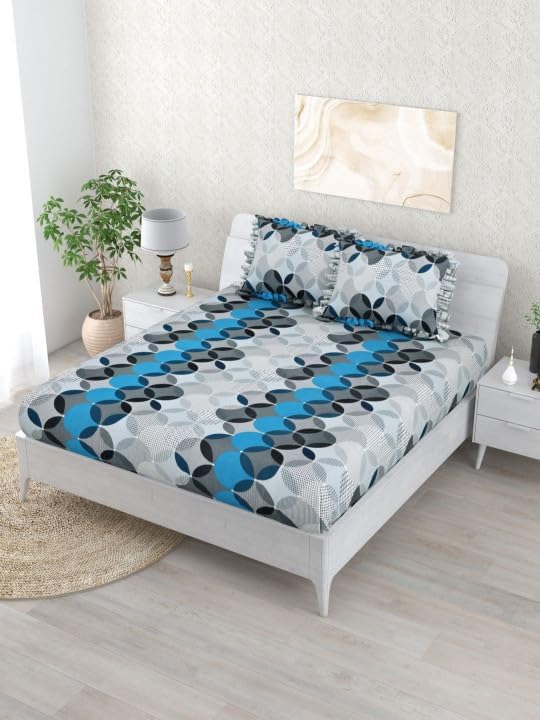 Image of King Size Fitted Bedsheet for Double Bed | 300 TC Cotton Feel Microfiber | All Around Elastic with 2 Frill Pillow Covers | Soft & Durable | (GreyGeometricFrill, Fitted - Double72x72)