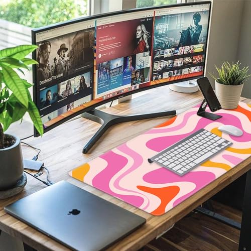 Image of iCasso Large Mouse Pad (35.4x15.7 in), Desk Mat Gaming Mousepad with Stitched Edges, Keyboard Mouse Mat Desk Pad for Work, Game, Office, Home-Pink Topographic