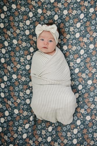 Image of Mebie Baby Taupe Stripe Muslin Swaddle, Modern and Neutral Swaddle Blanket for Baby Girl or Boy, Soft Baby Blankets, Newborn Swaddle Blanket, 0-3 Month, Comfy Wrap, Baby Essentials & Gifts