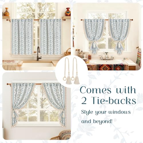 Image of Yinhua Boho Kitchen Curtains 36 Inch Length Vintage Linen Cafe Curtains Light Filtering Bohemian Floral Tier Rod Pocket Farmhouse Rustic Tassel Small Drapes with Tiebacks, 2 Panels, White Blue