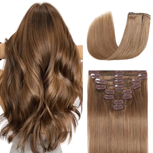 Image of Clip in Hair Extensions Real Human Hair 16 inch 90g /3.2oz Straight Seamless Invisible Human hair Extensions Clip ins for Women Double Weft 8pcs #6-Chestnut Brown