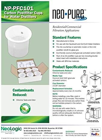 Miniatura 9 de Neo-Pure NP-PFC101 - Vasos de filtro de carbono Paquete de 6 unidades de repuesto para destiladores de agua NautilusDol-fyn Reduce eficazmente el