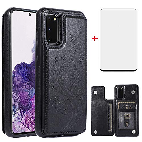 Phone Case for Samsung Galaxy S20 Glaxay S 20 5G 6.2 inch with Tempered Glass Screen Protector and Card Holder Wallet Cover Stand Flip Leather Cell Accessories Gaxaly 20S G5 Cases Women Men Black