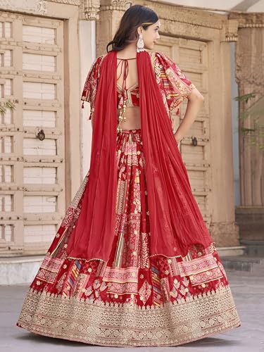 Image of Women's Digital Print With Zari Dori Embroidery Work Chinnon Silk Lehenga Choli With Dupatta (Women-Lehenga-Choli-New; Free size)