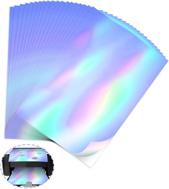 Corsehild 20 Sheets Holographic Stickers Paper A4 Printable Vinyl Sticker Paper Self-Adhesive Rainbow Vinyl Sticker Paper Waterproof Sticker Paper Sheets for Inkjet and Laser Printers, 8.26''x11.6''