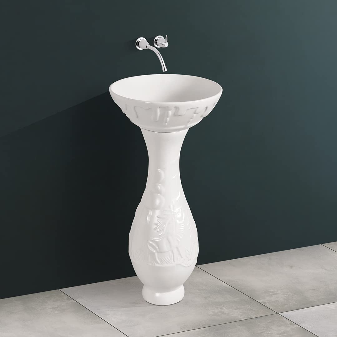 Kemjo Ceramic White Pedestal Wash Basin for Bathroom | 15.75 x 15.75 x 32.68 Inch | SONA-A SET (MATT)