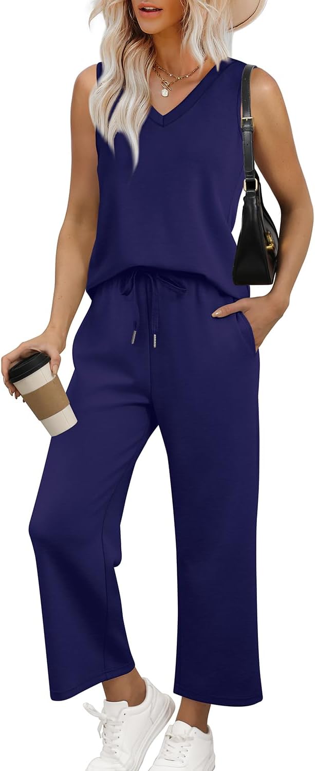 WIHOLL Two Piece Set for Women Summer Outfits Vacation Trendy Lounge Sets V Neck Matching Sets