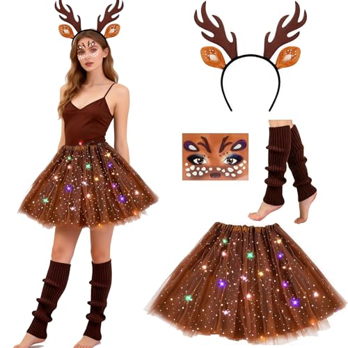 ITJMRJP Costume de Chevreuil Déguisement Renne Femme Costumes de Renne avec Serre-tête Jupe en Tulle Marron Costume Cerf pour Carnaval Halloween Noel Anniversaire Fête