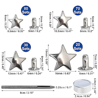 YORANYO 200 Sets Leather Rivets Kit Mixed Sizes Rivets for Leather Star Studs for Clothing Fabric Silver Rivets with Leather Crafting Rivet Tool for Repair Decorate Jackets Shoes Bags Belts Purse