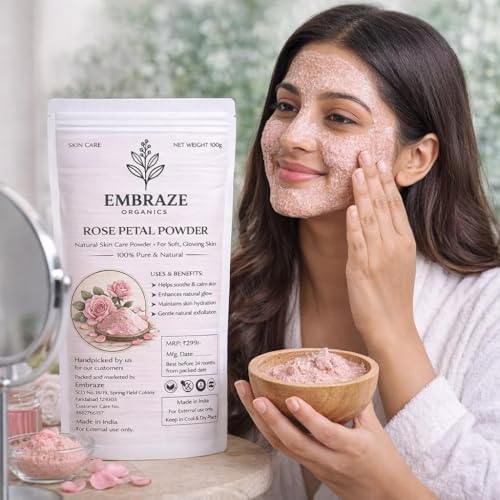 Image of Embrace Organics Rose Petal Powder for Skin Care | 100% Pure Natural Face Pack | Hydrating, Soothing & Skin Brightening | Herbal Powder for Glowing Skin (100g)