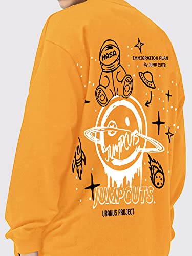 Image of Jump Cuts Mens Printed Round Neck Full Sleeve Black, Yellow Cotton Blend Boxy Fit T-Shirt