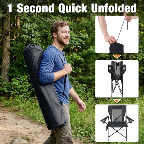 Image of Romswi Portable Folding Camping Chair for Adults, Heavy Duty Outdoor Sports Chair with Dual Cup Holders, Side Pocket and Carry Bag, Camping Chair for Lawn, Beach, Fishing, Picnic and Tailgating,Black