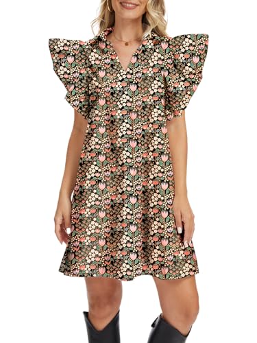 hibshaby Women's Floral Babydoll Mini Dress V-Neck Ruffle Sleeve Cute Dress Sundress Blue