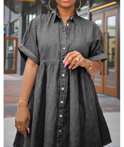 Image of Womens Denim Babydoll Dresses Summer Outfits Button Down Ruffle Tiered Jean Dress