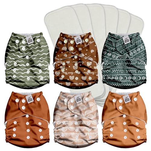 Image of Mama Koala 2.0 Baby Cloth Diapers with AWJ Lining and Tummy Panel, Washable Reusable Pocket Diapers, 6 Pack with 6 4-Layer Natural Diaper Inserts (Desert Sun)