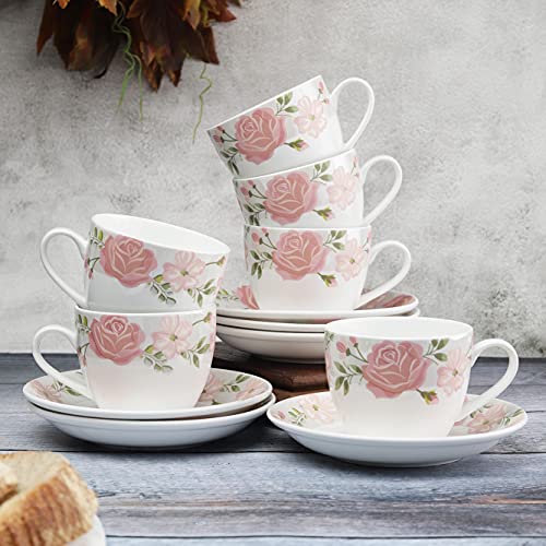 Image of Clay Craft Fine Ceramic Cup&Saucer Set of 12 (6 Tea Cups+6 Saucers) White Pink Floral Can Be Used for Birthdays,Anniversaries,Parties,Mother,Father,Sister,Medium (Cc-Cs12-Cream-S341),180 Milliliter