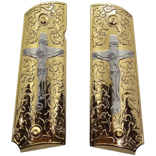 1911 Full-Size Gun Grips with Crucifix Design â€“ Ambi Cut, Matching Screws, Compatible with Commander and Government Models