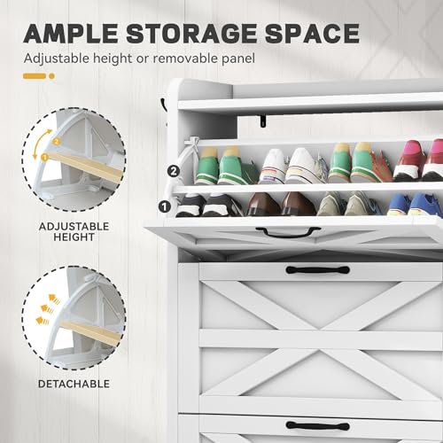 DWVO Farmhouse Shoe Storage Cabinet with 3 Flip Drawers, Slim Shoe Cabinet for Up to 24 Pairs, Narrow Shoe Rack for Entryway, Living Room, Hallway (Pure White)