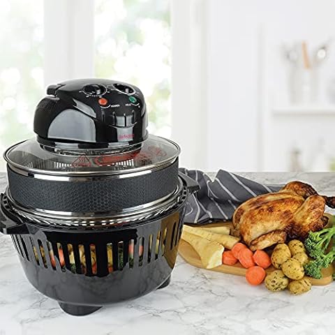 Kitchen Perfected 17Ltr Halogen Low Fat Oven with removable Glass Bowl, Extender Ring, Recipe Book and Lid Stand - Black - E4702BK Cover