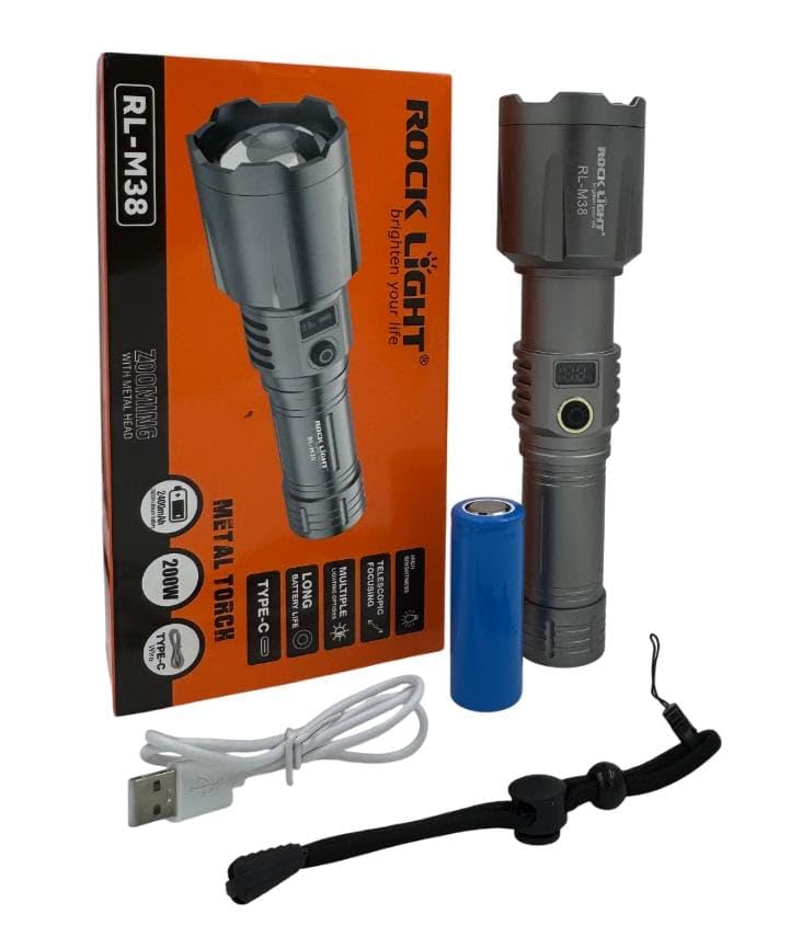 Image of RL-M38 Heavy Duty Metal Torch | 200W High Brightness LED | Rechargeable 2400mAh Battery | Zoomable Focus | Type-C Fast Charging Torch for Night & Outdoor