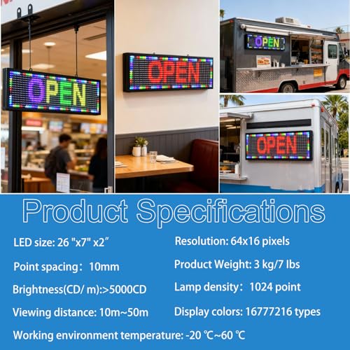 Image of P10(26 inch * 7 inch) Scrolling Led Sign Programmable Outdoor Digital Signs For Business Electronic Message Board Wifi Control Display Screen Panel Custom Full Color Neon Advertising Word Light